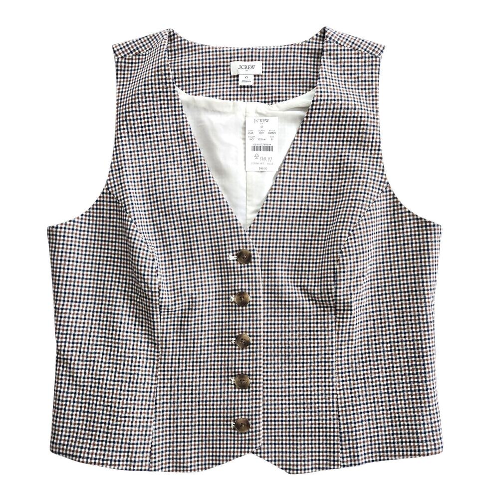 J Crew Vest Womens 6 Tan Blue Plaid Button Up Preppy Academia Career Casual NEW - Picture 1 of 13
